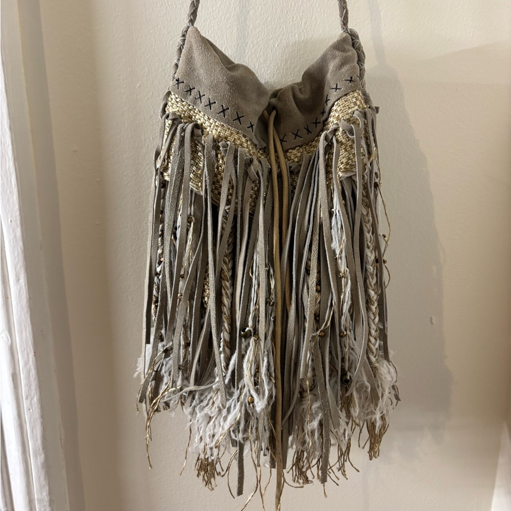 Free People Suede Bucket Fringe Bag Boho